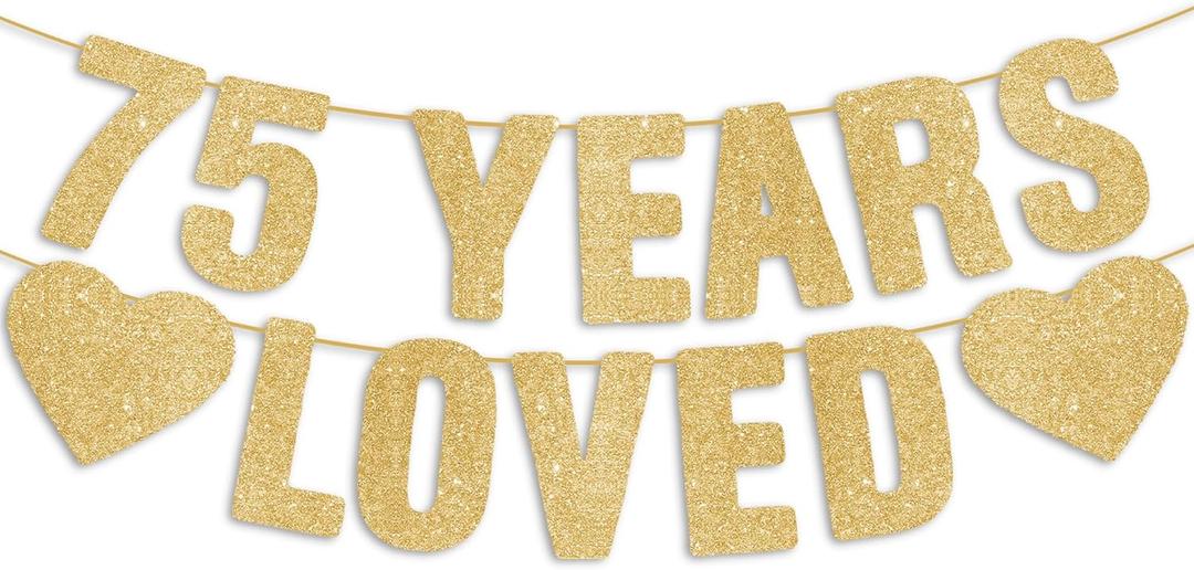 Pre-Strung 75th Birthday Banner - Gold Glitter, Happy 75th Birthday Party Decorations for Women & Men, 75 Year Old Anniversary Decor Bday Sign Gifts