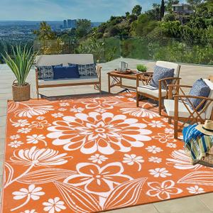 Ileading Outdoor Plastic Straw Rug 8x10ft Funny Floral Style Reversible Patio Area Rugs Waterproof Non Shedding Portable Carpets for Rv Outside Deck Pool Beach Picnic Camping (Orange)