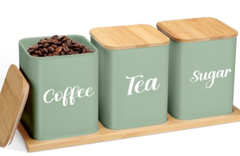Tioncy Coffee Tea Sugar Container with Tray Set of 3 Airtight Metal Canister with Bamboo Lid Tray for Kitchen Counter Dining Room Farm House Kitchen Style Drink Station Organizer Set (Sage Green)