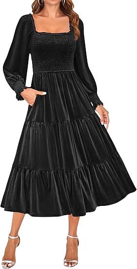 Women's Velvet Long Sleeve Dresses 2026 Winter Square Neck Smocked Ruffle A Line Flowy Cocktail Party Midi Dress(L)