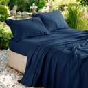 RTHX92N 100% French Pure Linen Sheets Queen Size, Breathable, Soft and Durable Pure Linen Sheets, Anti-Tear Linen Bed Sheets, 16 Inch Deep Pocket - 4 PC (Navy Blue, Queen)