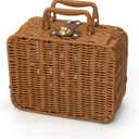 Mini Wicker Picnic Basket, Decorative Prop Suitcase Vintage Storage Hamper Makeup Organizer, 8.67" Metal Lock Plastic Rattan Storage Box with Handles for Sundries Travel Camping and Outdoor Party