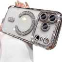 for iPhone 17 Pro Max Case Magnetic, [Compatible with MagSafe] Women Cute Clear Glitter Bling Diamond Rhinestone Sparkly Case Camera Lens Protectors Plating Cover 6.9'' 2025, Silver