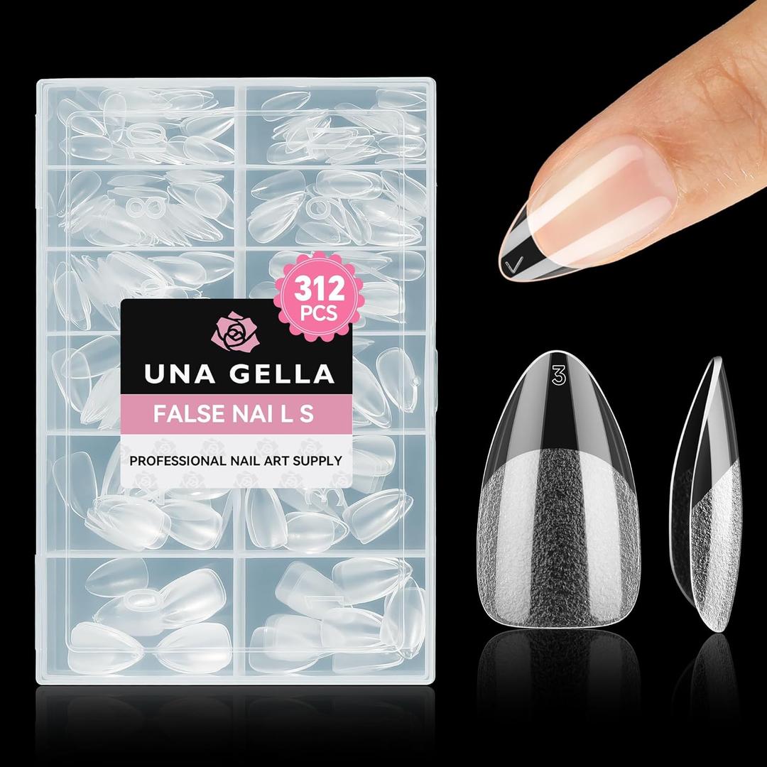 UNA GELLA Short Almond Nail Tips, 312pcs Short Almond Gel Nail Tips Shape Pre Etched Press On Nails Clear Acrylic Fake Nails No C Curve for Full Cover Nails Extension Home Art DIY Salon 12 Sizes