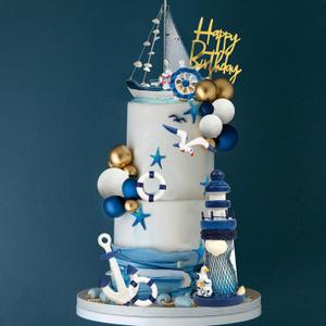 Nautical Cake Topper Ship Lighthouse Blue White Ball Cake Toppers Seagulls Anchor Rudder Cake Decorations for Nautical Theme Birthday (Style 01)