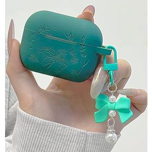 for AirPods Pro 2 Case Cover with Bow Keychain, DamonLight Cute Flower Floral Engraved Silicone Protective Case Cover Compatible with Apple Airpods Pro 2 Case for Women and Girls, Green