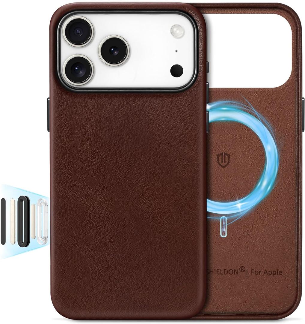 SHIELDON Leather Case for iPhone 17 Pro Max 6.9 Inch 2025 | [Camera Button Updated] | Compatible with Magsafe | Magnetic Wireless Charging | Comfort Grip | Metal Buttons | Camera Bezel - Retro Coffee