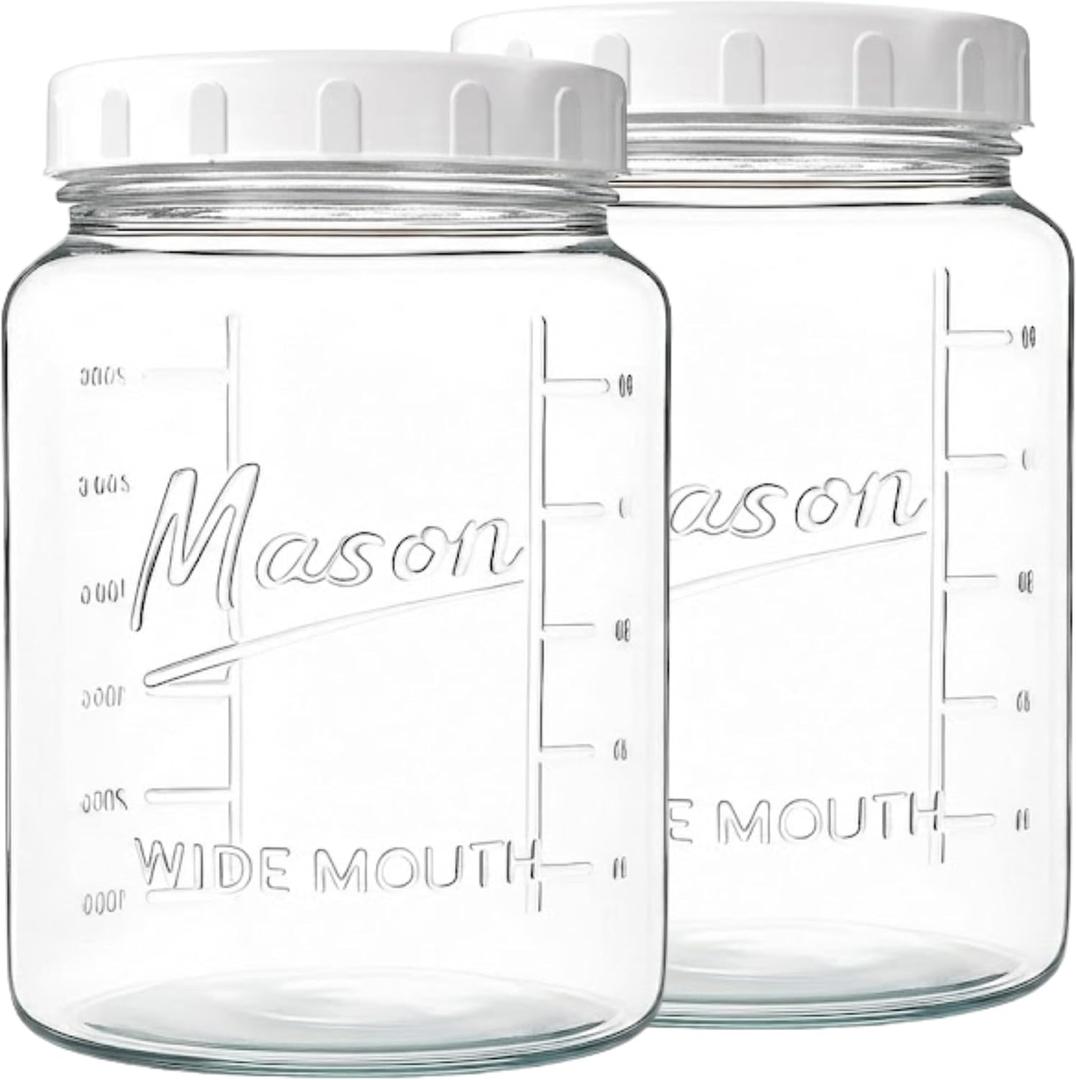 kitchentoolz Extra Large Mason Jar - 1 Gallon Glass Wide Mouth Jar with Airtight Plastic Screw on Lid, Food Storage Container with Measurement Marks Pack of 2