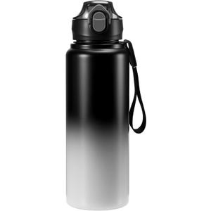 1L/33oz Insulated Water Bottle with Straw Stainless Steel Food Material Big Water Bottle Food Grade Waterbottle for Adults-Gradient Black For Sports,Travel,Hiking,Camping,Office