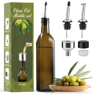AOZITA 17oz Glass Olive Oil Dispenser - Oil and Vinegar Cruet Bottle with Stainless Steel Pourers - Funnel For Easy Refill - Olive Carafe Decanter for Kitchen (Dark Brown)