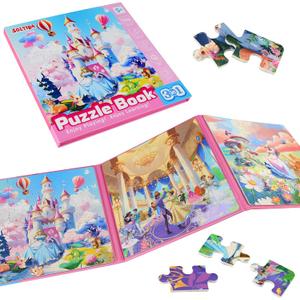 Puzzles for Girls 5-8 Princess Themes(Castle/Ball/Elf, 3 * 42PCS) Large Size Magnetic Puzzles for Girls 5-6 Travel Activities for Kids, Birthday Presents for Girl 5 6 7 8 Years Old