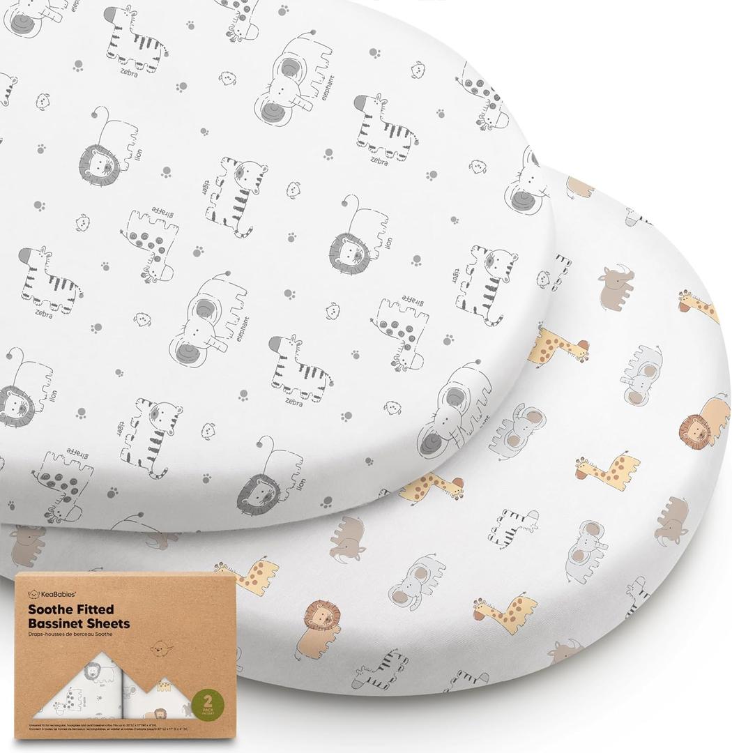 2-Pack Organic Bassinet Sheets for Girls, Boys - 100% Cotton Bassinet Mattress Sheets Compatible with Halo Bassinest Swivel Sleeper, Graco, Baby Delight, Chicco, Fitted Bassinet Sheets (KeaSafari), 33x17