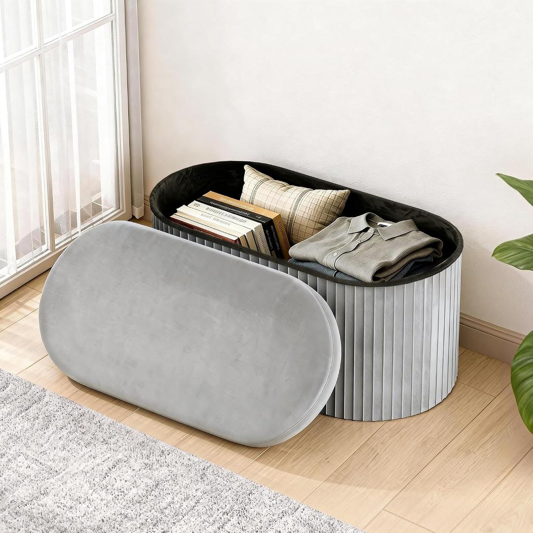 GLAXYFUR Oval Folding Storage Ottoman, Velvet Upholstered Foot Rest, 30 x 15 x 15 Inches Storage Bench for Bedroom, Living Room & Entryway (Grey-New)