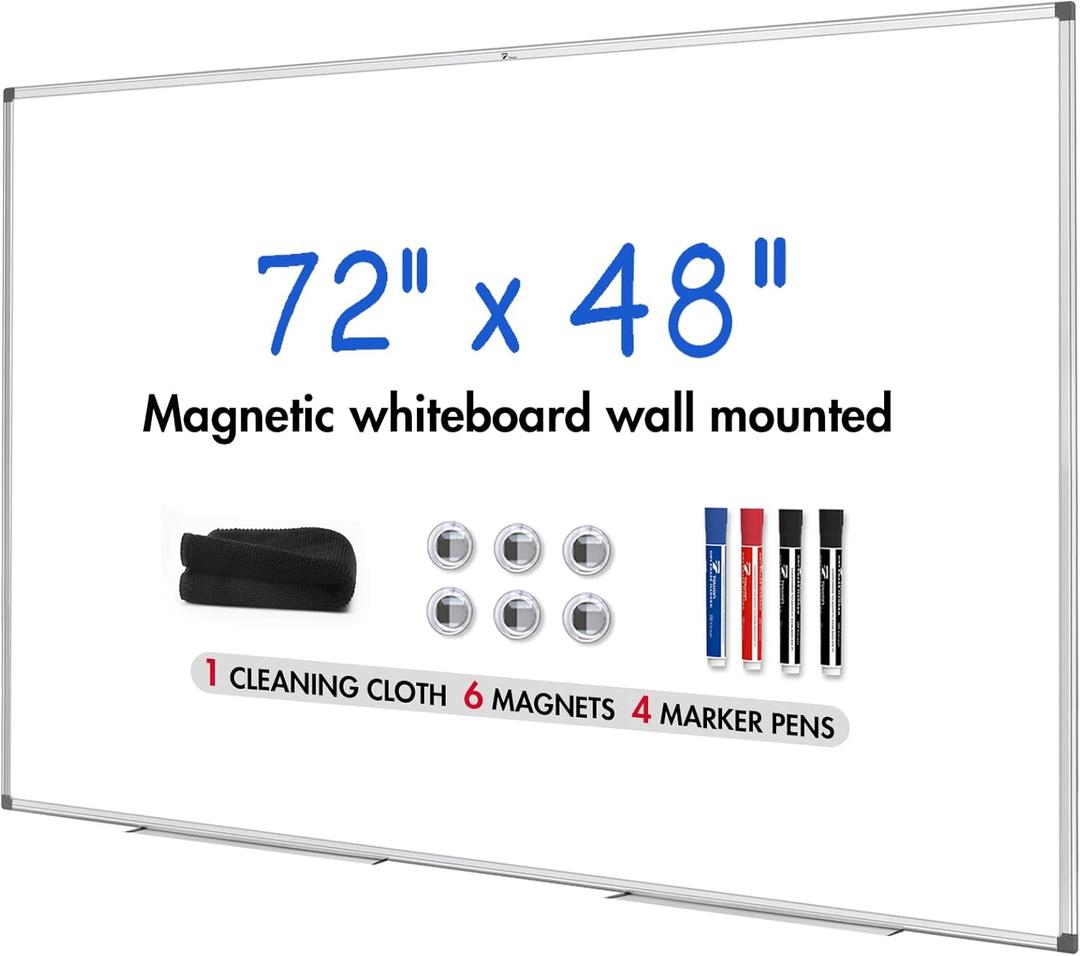 TOWON Silver Border Whiteboard Dry Erase, 72x48 in White Board Dry Erase, Presentation Magnetic Aluminum Framed Whiteboard, Dry Erase Board Wall Mounted with Markers, Pen Tray, Magnets, Cleaning Wipe