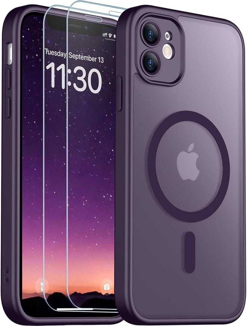 SPIDERCASE for iPhone 11 Case, Magnetic Translucent Matte Case with 2PCS Tempered Glass Screen Protector Slim Phone Case for iPhone 11 6.1'', Purple