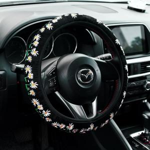 Embroidered Cute Daisy Black Steering Wheel Cover,Flower Steering Wheel Cover Protector for Women,Universal Fit Most Cars -15 inch