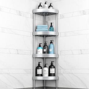 Nieifi Corner Shower Caddy Stand-4 Tier Rustproof Anodized Aluminum Standing Shower Organizer-Shower Caddy Corner-Dual Stability to Anti-Shaking-Height-Adjustable Legs for Uneven Surfaces-Silver