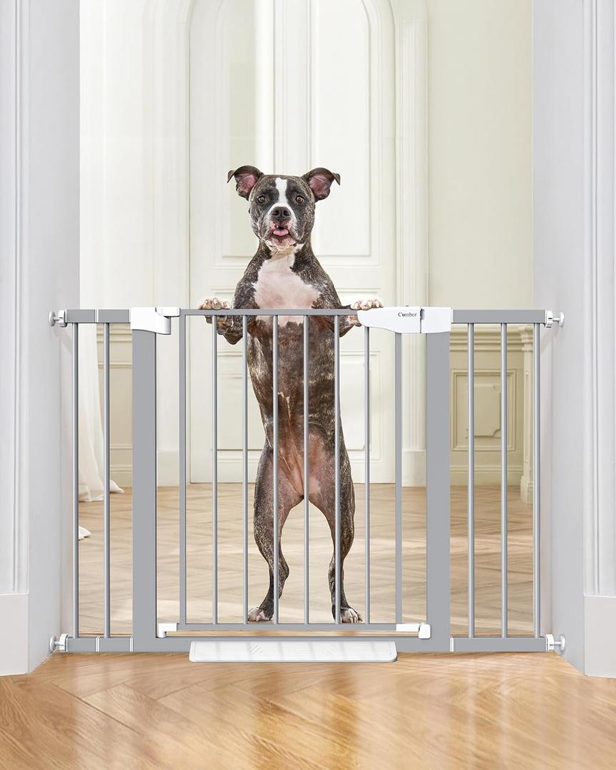 Cumbor 29.7-46" Baby Gate for Stairs, Gifts for Mom-Auto Close Dog Gate for The House, Easy Install Pressure Mounted Pet Gates for Doorways, Easy Walk Thru Wide Safety Gate for Dog, Gray
