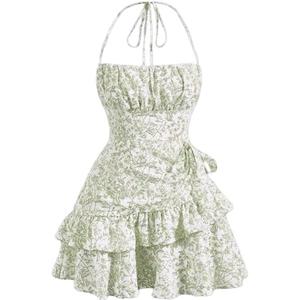 Narecte Summer Dresses for Women, Tie Halter Mini Dress, Floral Print Short Dress, Ruffle Trim Casual Dresses XL