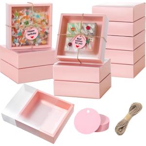 Roowest 50 Sets Kraft Homemade Gift Box Bundle with Blank Tags and Jute String (101 Items) for Jewelry Candy Wrapping Party Favor(6.5 x 6.5 x 2 Inch,Pink)
