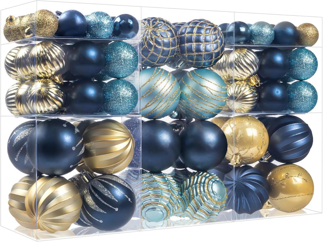 100Pcs Blue Gold Christmas Ornaments Set, Assorted Shatterproof Christmas Ball Ornaments, Christmas Tree Theme Hanging Decoration for Xmas Tree Holiday/Party/Home Decor (Blue & Gold)