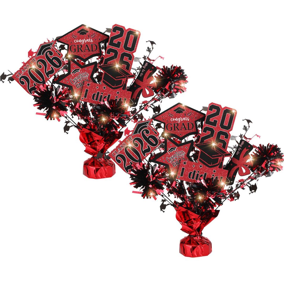 DoubleFill 2 Set Red Graduation Decorations Class of 2026 Graduation Table Centerpieces Sticks Table Toppers with Lights for College High School Congrats Grad Party Supplies