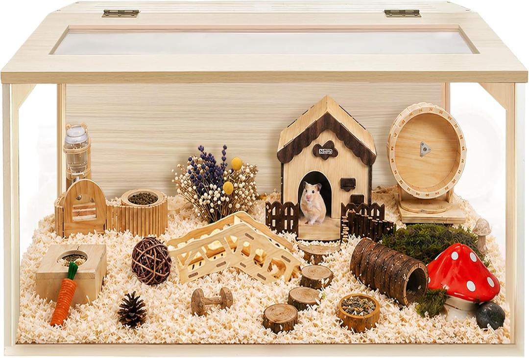 PROLEE Hamster Cage with Chewproof Wood Top, Guinea Pig Cages, Hamster Habitat with Clear Acrylic Sheets Solid Built, Small Animal Cage (Oak, 24X15.5X15.5 inch)