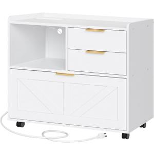 HOOBRO Lateral File Cabinet, Wooden Office Storage Drawers with Charging Station, Filing Cabinet for Home Office, A4/Letter/Legal-Sized Files, Printer Stand with Open Storage Spaces, White WT37UWJ01, 13.8"D x 31.5"W x 24.4"H