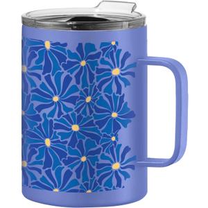 Oggi ThermoMug Stainless Steel Insulated Mug- Double Wall Vacuum Insulated w/Handle & Lid, Coffee Cup, Camping Mug, Travel Thermos, 14oz(420ml), Blue Floral