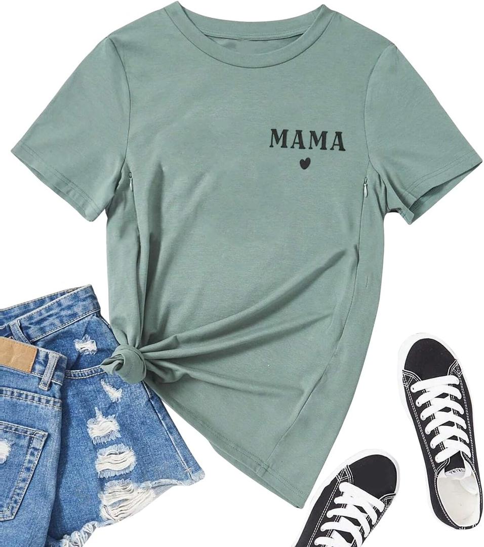 Women Maternity Nursing Shirt Funny Mama Shirt Cute Leopard Heart Graphic Tees Friendly Zip Maternity Breastfeeding Tops(XL, Green 1)