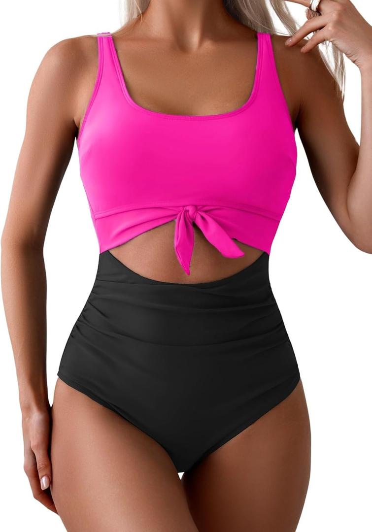 Eomenie Women's One Piece Swimsuit Tummy Control Slimming Bathing Suit Cutout Tie Knot Swimwear (Medium, Hot Pink, Black)
