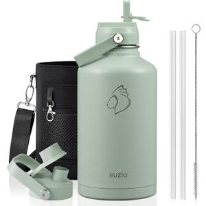 BUZIO 64oz Insulated Water Bottle, Half gallon Stainless Steel Jug (Cold for 48 Hrs), Triple Wall Vacuum Large Metal Flask with Leakproof Straw Lid and Carry Sleeve, Sage Green
