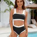 Women High Waisted Bikini Set- Color Block Two Piece Swimsuit Tummy Cotrol Bathing Suit Bandeau Top Coverage Bottom (Black, L)