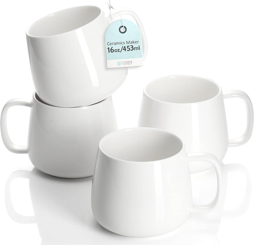 Teocera 16oz Ceramic Coffee Mugs Set of 4  Stackable Latte Cups, Microwave, Dishwasher & Oven Safe  Ideal for Coffee, Cappuccino, Hot Chocolate, Housewarming GiftsWhite