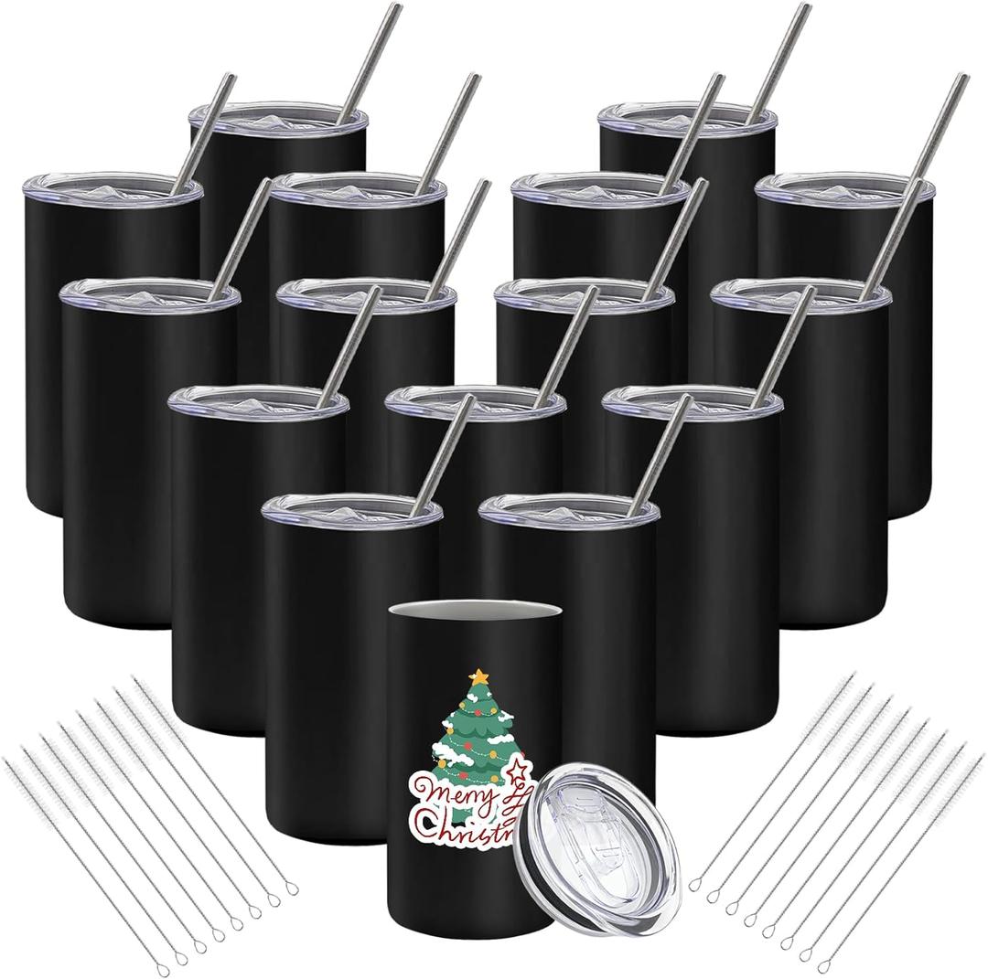 16 Pack Tumblers Blanks Bulk Skinny Straight Tumbler Stainless Steel Double Wall Insulated Water Bottles with Lid & Straw for DIY Gift, 12oz Black
