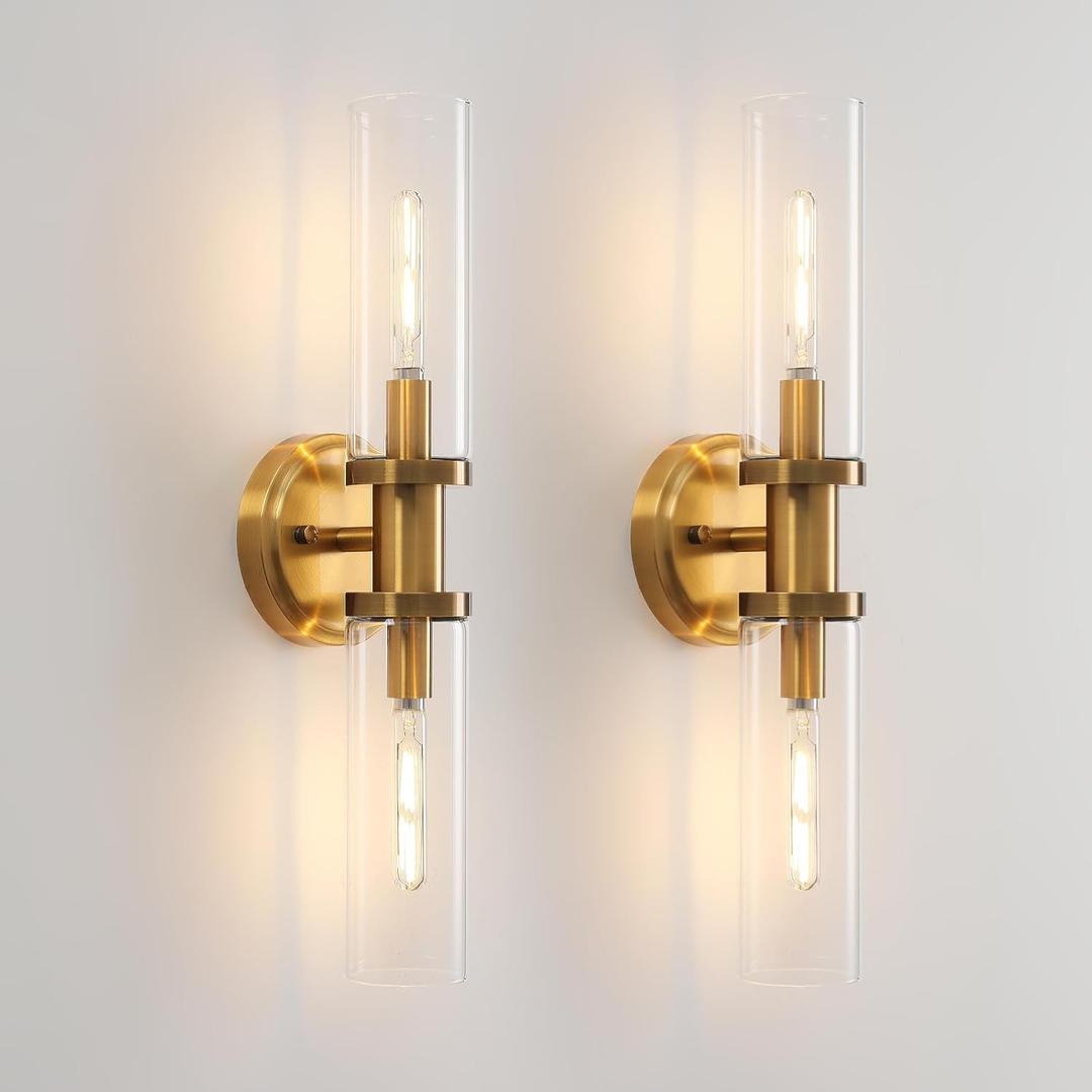 KUZZULL Wall Sconces Set of Two Brushed Brass Gold LED Wall Lights Modern Linear Sconces Lighting Indoor Sconces Wall Decor Set of 2 Lamps for Living Room Wall Scones, Wall Lights Set of 2