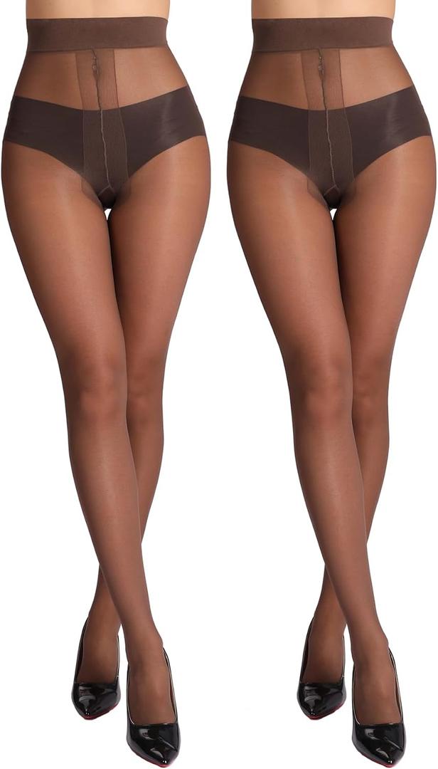 MERYLURE 20D Sheer Black Tights for Women, T-Crotch Ultra Thin Pantyhose High Waist Stockings Reinforced Toes 2 Pairs (Brown), X
