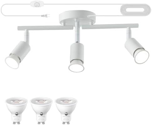 Dimmable 3 Light White Plug in Track Light White Plug in Ceiling Lighting Fixture with 16.4' Long Cord,3 Way Ceiling Spotlight,Rotatable Wall Mount Light Head,LED dimmable Spot Bulbs Included