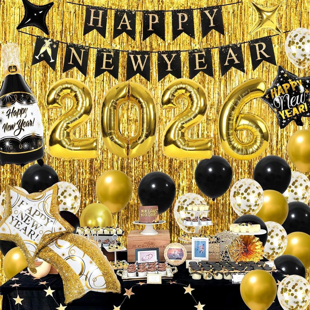 Labeol 39 PCS New Years Decorations 2026, Happy New Year Set with Large Foil Balloons, Banner, Gold Foil Curtains Black, Gold, Confetti Balloons for Party