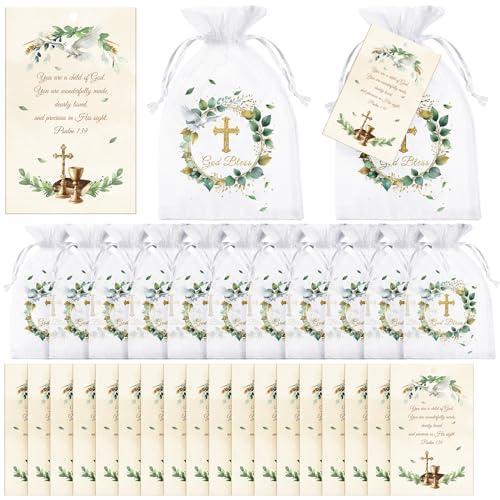Blulu 50 Sets Baptism Party Gift, Greenery God Bless Drawstring Bags with First Communion Tags Religious Baby Shower Organza Bags for Boy Girl Baptism Birthday Christenings Party Supplies Decor(Cross)