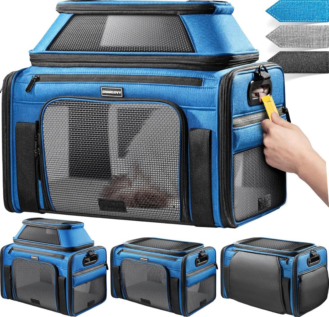 Top-Expandable Pet Carrier with Treat & Pet Window,17x11x9.5 Inch Alaska Hawaiian Airline Approved,Soft-Sided Dog Carrier for Small Dogs and Cats,Travel Cat Carrier with Locking Safety Zippers,Blue