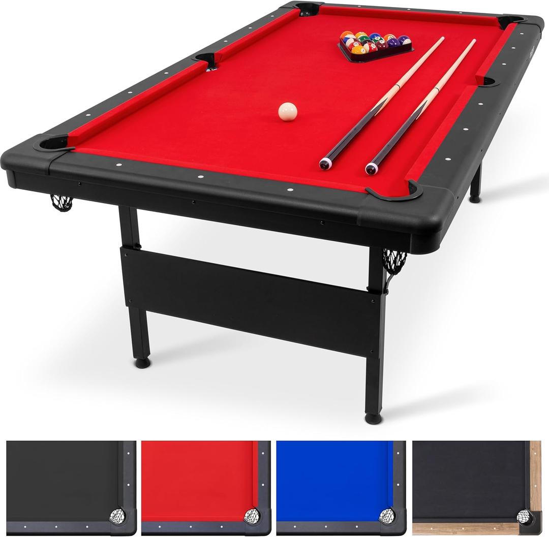 GoSports 6, 7, or 8 ft Billiards Tables - No Assembly, Choose Your Color - Portable Pool Table Includes Full Set of Balls, 2 Cue Sticks, Chalk and Felt Brush