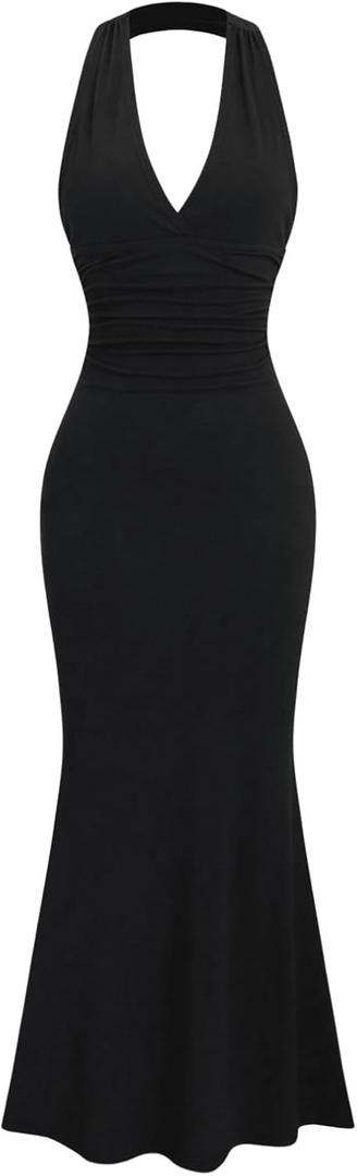 Milumia Women's Halter Neck Bodycon Maxi Dress Elegant Fishtail Long Dresses (Medium, Black)