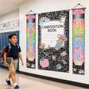 3 x Composition Notebook Classroom Decor Door Banner, Back To School Decorations with Classroom Door Cover and Pencil Porch Banner, Back To School Door Cover for First Day of School Decorations