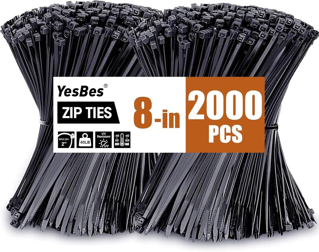 2000 PCS Zip Ties 8 Inch, Cable Ties 40lbs Tensile Strength, Black Zip Ties for Indoor and Outdoor Use, UV Resistant Wire Ties