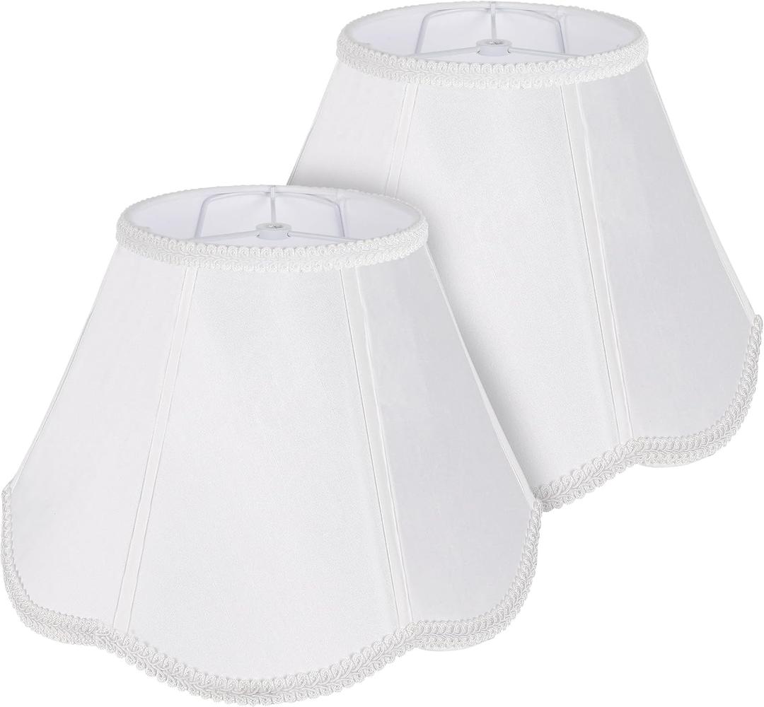 Bell Lamp Shades Set of 2, Scalloped 7" Top x 14" Bottom x 10" Height, Lamp Shades for Table Lamps & Floor Light, White Fabric Lampshades with Petal Edge Braid, Easy Assembly, Spider Bell Lamp Shades Set of 2, Scalloped 7" Top x 14" Bottom x 10" Height, Lamp Shades for Table Lamps & Floor Light, White Fabric Lampshades with Petal Edge Braid, Easy Assembly, Spider