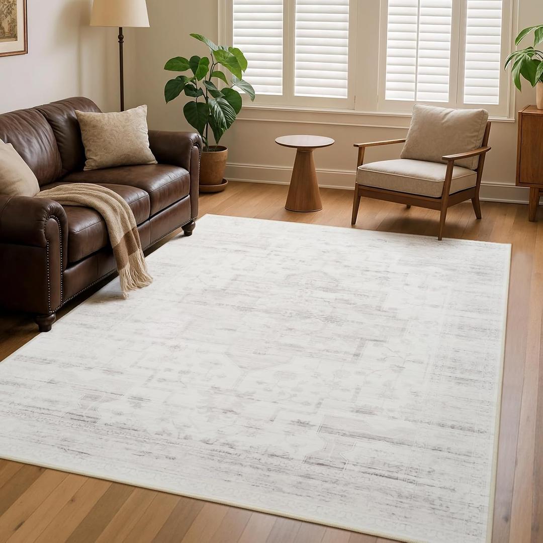 5x7 Vintage Area Rug for Bedroom Living Room, Machine Washable Non Slip Indoor Rug, Thin Throw Floral Floor Low Pile Distressed Carpet for Dining Room Farmhouse Office Light Taupe