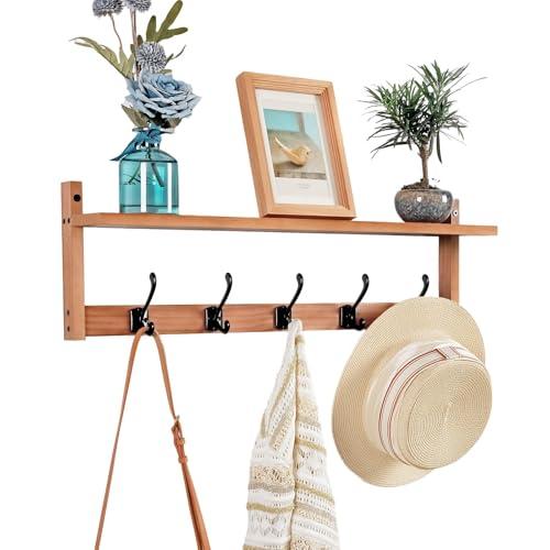 Exper City Coat Rack Wall Mount with Shelf, 26IN Wooden Coat Hanger Hooks Wall Mount with 5 Metal Hooks, Hanging Shelf with Hooks, Wood