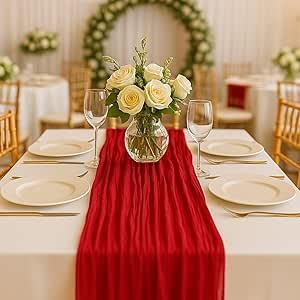 3 Pack 10FT Red Cheesecloth Table Runner 120 Inch Rustic Boho Gauze Cheese Cloth Table Runner for Wedding Baby Shower Bridal Shower Birthday Party Home Decorations