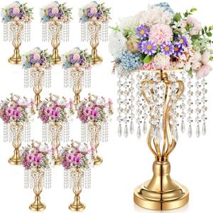 16 Pcs Wedding Centerpieces for Tables, Gold Silver Vase Centerpiece with Chandelier Crystal Metal Flower Stand, Tall Flower Vases for Wedding Party Home Decoration(Gold,12.6)